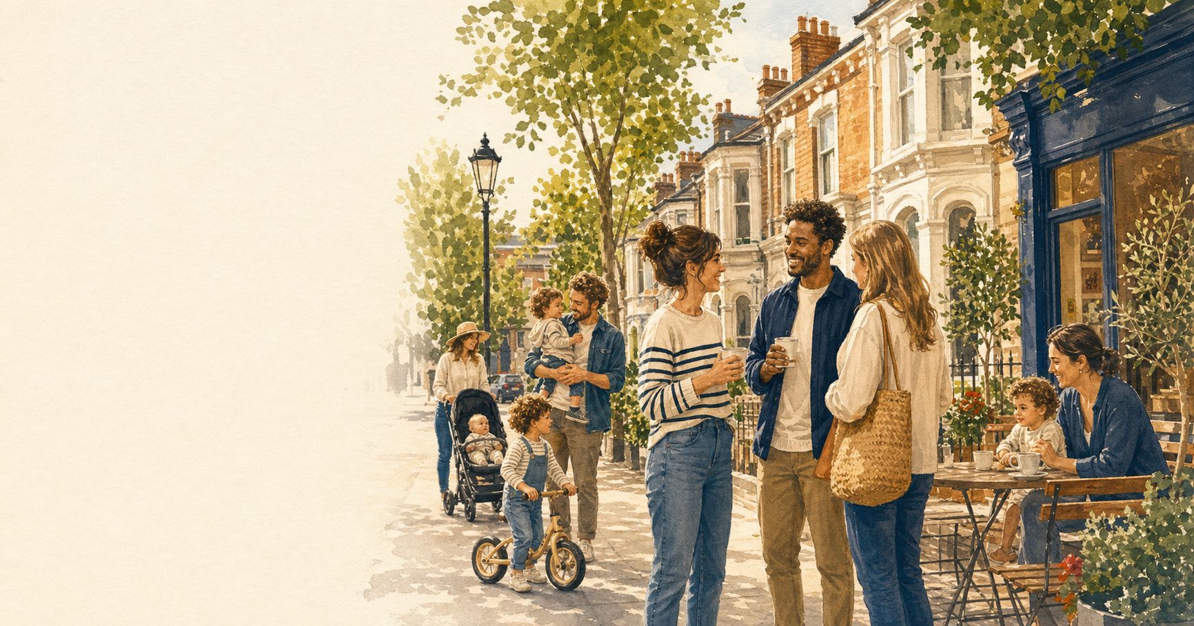 French-speaking neighbours and families meeting on a leafy North London N4 street