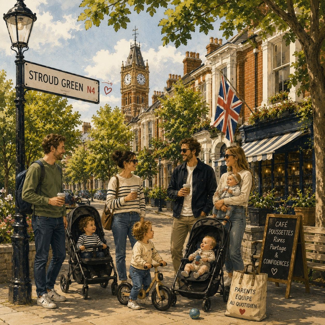 Illustration of parents and children gathering outside a café on Stroud Green Road in N4